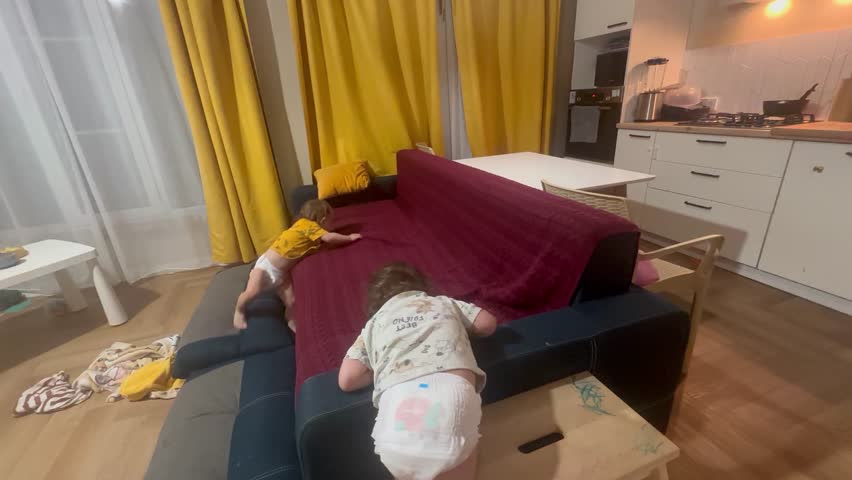 children playing on the sofa. happy family kid dream concept. children play getting on and off the sofa. little boy and girl playing on a blue sofa at home, lifestyle close up