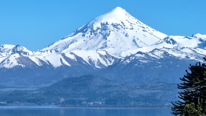 Close up of Lanin volcano and Huechulafquen lake behind a millenary Araucaria. Patagonia Argentina