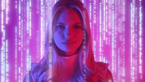Portrait of a beautiful blonde woman in colored neon light. Virtual assistant animation. Technology, science, engineering and artificial intelligence. Global Digital Network. Cloud technology - Powered by Shutterstock - Get 15% off with code: PIKWIZARD15