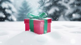 A single red Christmas gift with a green ribbon sits on a bed of fresh snow. The background features a blurred view of snowy pine trees. The gift is surrounded by gently falling snowflakes. - Powered by Shutterstock - Get 15% off with code: PIKWIZARD15