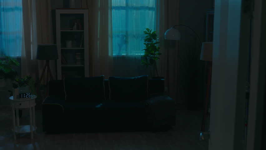 Smart home system man walking in dark room distant control electricity modern futuristic house apartment Wi-Fi managing lightness night guy male homeowner use mobile phone turn light on smartphone app