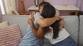Couple hugging on a sofa while woman holds a positive pregnancy test in their home living room - Powered by Shutterstock - Get 15% off with code: PIKWIZARD15