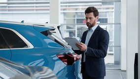Caucasian adult man new car buyer client read analyzing contract papers documents male credit bank automobile rent salon salesman trade dealer agent buying auto holding folder guy purchasing showroom - Powered by Shutterstock - Get 15% off with code: PIKWIZARD15