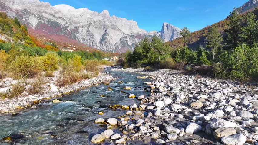 Albania Alps. Theth village autumn colors, theth river
