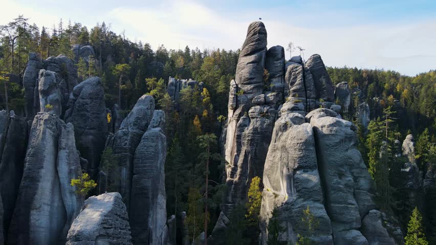 Aerial view of the Teplice Rocks, landscape of the Adrspach-Teplice Mountain Park in the Broumov Uplands region of Bohemia, Czech Republic