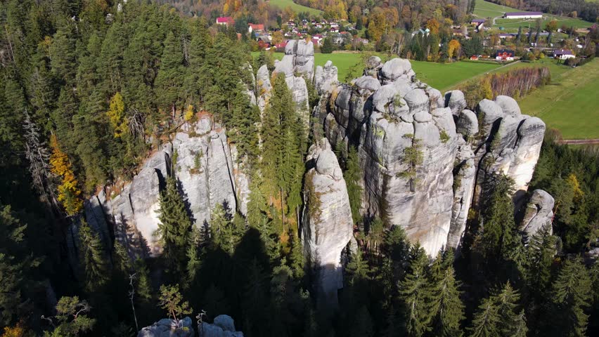 Aerial view of the Teplice Rocks, landscape of the Adrspach-Teplice Mountain Park in the Broumov Uplands region of Bohemia, Czech Republic