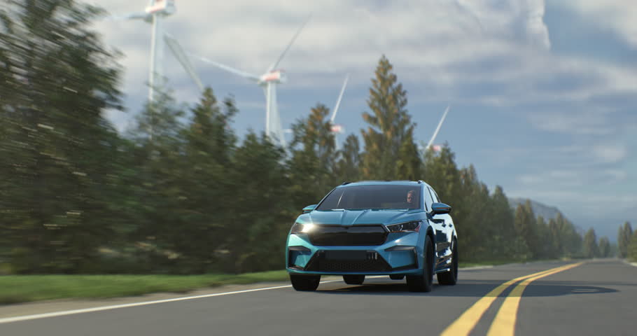 Generic modern electric car drives along a road through green forest, surrounded by towering wind turbines, symbolizing a harmonious blend of technology, sustainability, and the natural environment