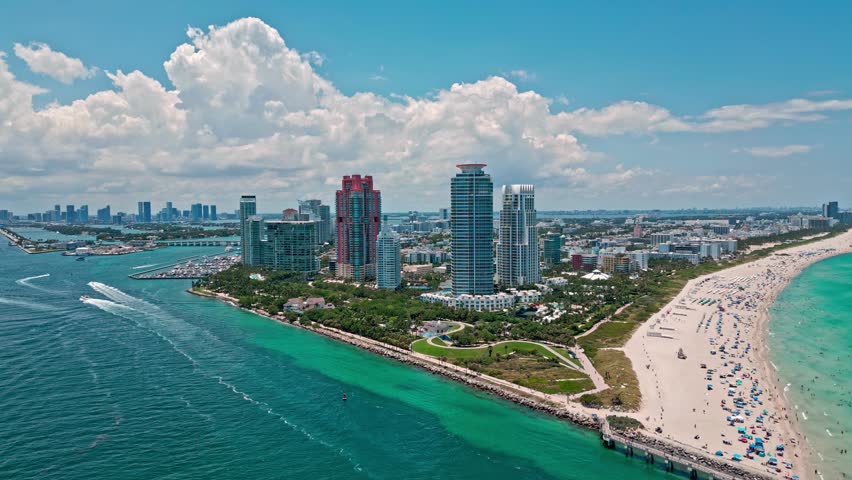 Aerial view of Miami Beach, South Beach. Miami Beach skyline. Miami cityscape, aerial view. Top view of Miami coastline, shore, waterfront near ocean.