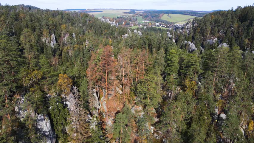 Aerial view of the Teplice Rocks, landscape of the Adrspach-Teplice Mountain Park in the Broumov Uplands region of Bohemia, Czech Republic