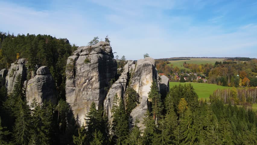 Aerial view of the Teplice Rocks, landscape of the Adrspach-Teplice Mountain Park in the Broumov Uplands region of Bohemia, Czech Republic