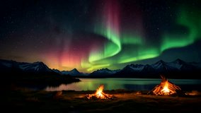 amazing night view in mountainous area. The night sky is decorated with a dazzling aurora borealis with green, pink and purple colors dancing over the snowy mountains. - Powered by Shutterstock - Get 15% off with code: PIKWIZARD15