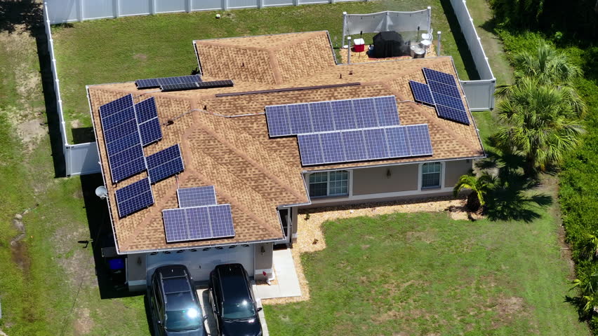 House roof with rows of blue solar photovoltaic panels for producing clean ecological electric energy. Renewable electricity with zero emission concept