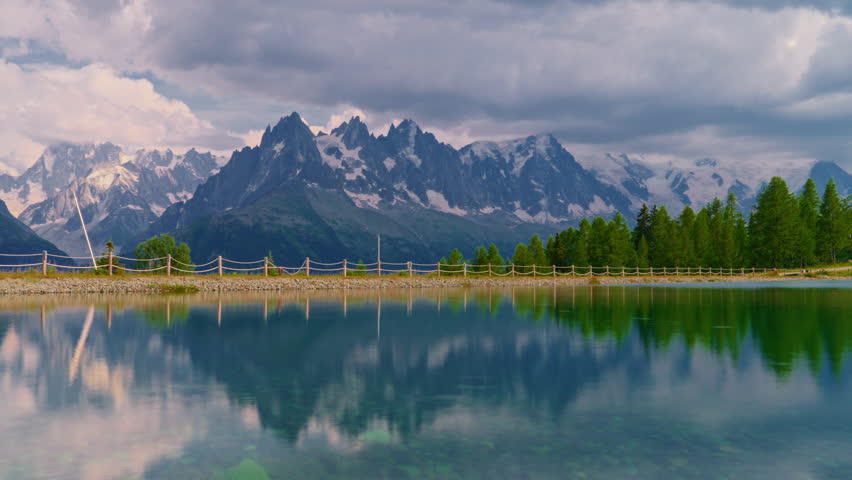 Timelapse of landscape of Lac Blanc with Mont Blanc massif on the lake among French Alps at Chamonix Mont Blanc, Haute Savoie, France