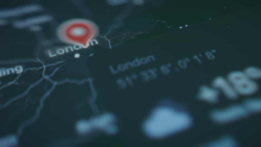 England Weather Map showing temperature, Wind, Humidity and Pressure parameters viewed on smartphone