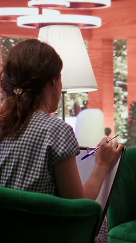 Psychotherapist listens and takes notes during a therapy session with a teenage girl, discuss overcoming personal struggles. Teenager improving mental health and building confidence. Camera B.