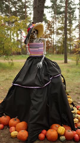 A skeleton dressed in a festive traditional outfit with a sombrero, surrounded by pumpkins, brings a unique blend of Halloween and cultural celebration in an autumn forest setting. Vertical video.