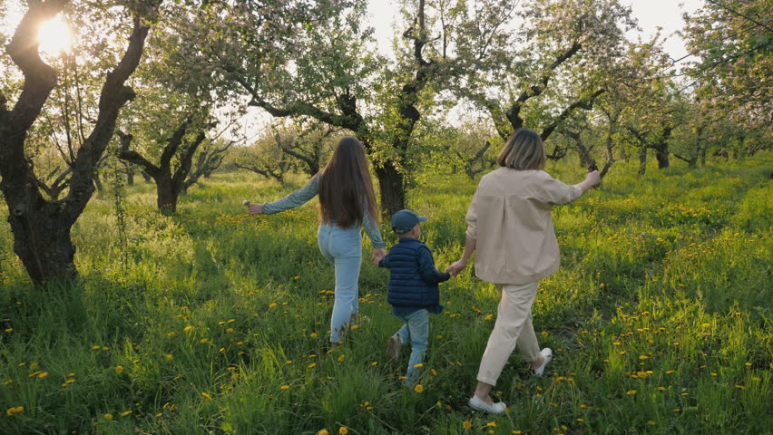 A family holding hands walks through a green apple orchard in spring, surrounded by blooming trees and vibrant grass. Sunlight filters through the branches
