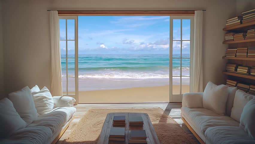 luxury modern 5-star hotel suite, beautiful living room at the beach, 4K horizontal UHD desktop wallpaper, endless looped background animation for social media, yt meditation video