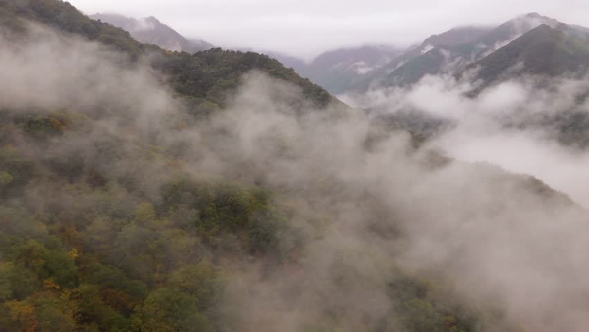 Foggy mountains on rainy day at Seoraksan National Park in South Korea