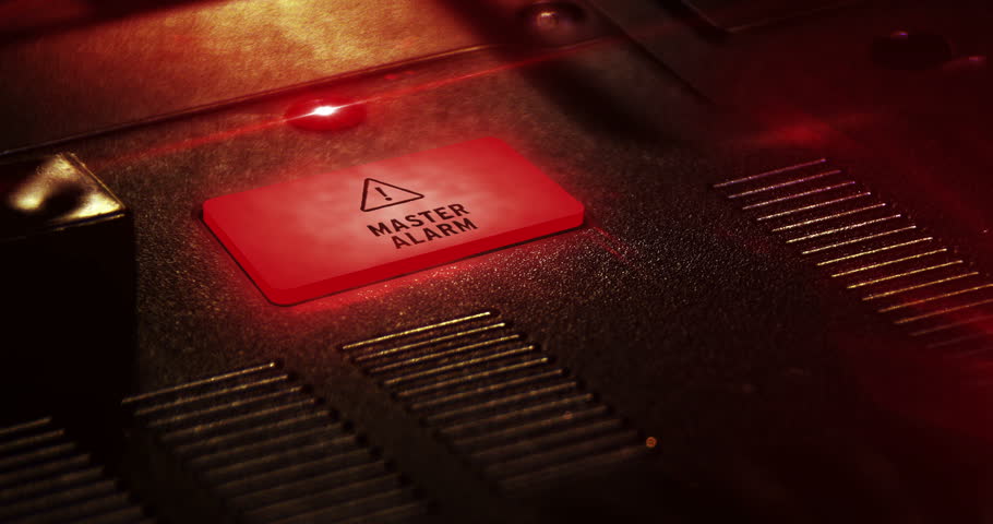Master Alarm symbol light flashing on metal panel macro view. Danger alert warning lamp sign on industrial dashboard loop. Loopable and seamless abstract icon technology concept.