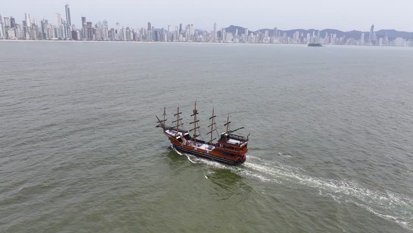 Pirate Boat At Balneario Camboriu In Santa Catarina Brazil. Seascape Landscape. Pirate Boat. Ocean View. Pirate Boat At Balneario Camboriu In Santa Catarina Brazil. Tourism Landmark.