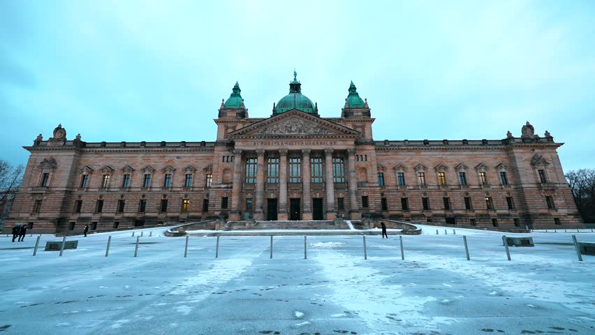 Federal Administrative Court (Bundesverwaltungsgericht) in the city centre of Leipzig in Saxony, Germany on a Winter day during snowfall	