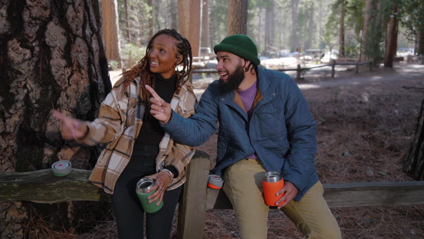 Cozy african american couple enjoys a beautiful moment in Yosemite National Park, amid towering trees and stunning winter scenery, showcasing their deep emotional connection in natures tranquility