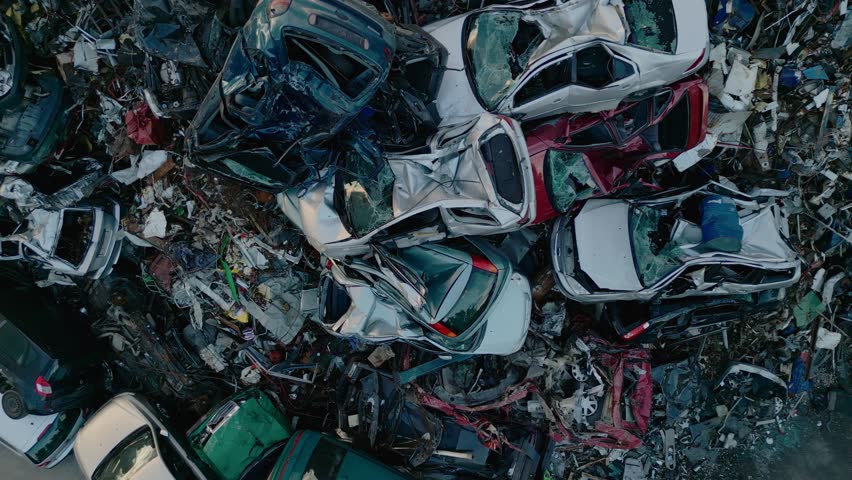 Aerial view of cars in car scrapyard with drone. Car scrap parts engine Vehicles. Used car parts. Pile of demolished cars at a scrapyard.  - Powered by Shutterstock - Get 15% off with code: PIKWIZARD15