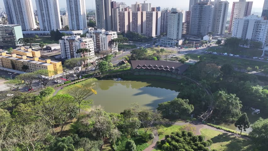 Botany Garden At Curitiba Parana Brazil. Bird Eye View Of Stunning Iconic Recreational Park Of The City. Nature Park with Lake in Botanical Garden Curitiba Parana. Cityscape Landscape of Curitiba.