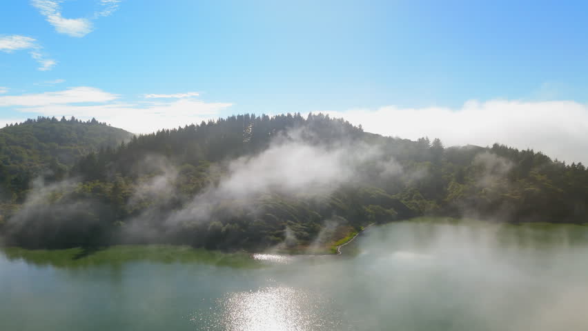 Stunning aerial view beautifully showcases the picturesque Oregon coasts magnificent forested island, which is gracefully enveloped in a serene fog beneath a clear and vibrant blue sky and clouds 