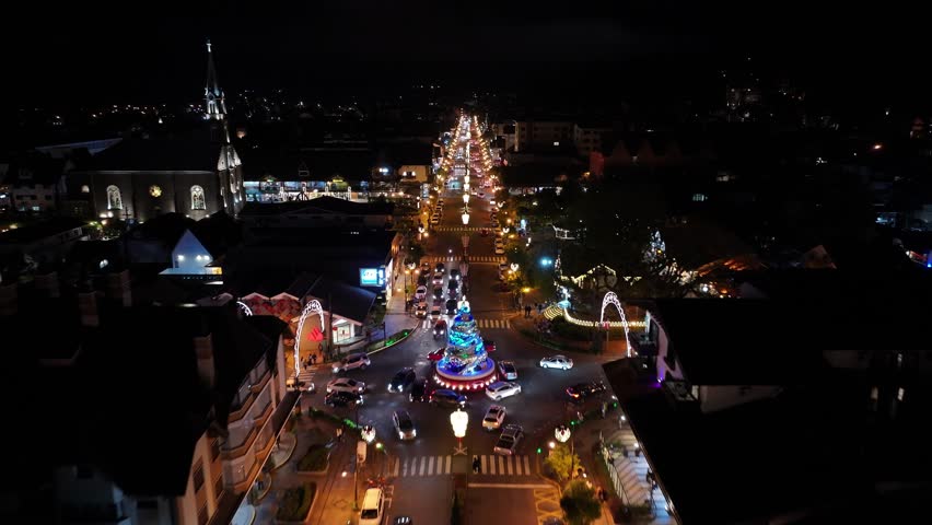 Gramado Skyline At Gramado Rio Grande Do Sul Brazil. Aerial View Of Christimas Tree And Ornaments To Happy Holidays. Christmas Decoration. Christmas Tree. Christmas Lights. Gramado Rio Grande do Sul.