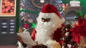 Santa Claus in red suit opening envelopes with letters from children, fulfilling wishes for kids at cozy North Pole log cabin. Winter season celebration to spread the Christmas spirit. Camera A. - Powered by Shutterstock - Get 15% off with code: PIKWIZARD15