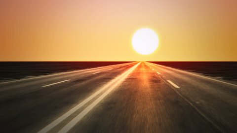 Loopable endless road animation. Low shot. Sunset