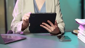 Businesswomen hand using smart phone, tablet payments online shopping, omni channel, digital tablet docking keyboard computer at office in sun light. - Powered by Shutterstock - Get 15% off with code: PIKWIZARD15