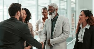 Celebration, clapping and group in office, achievement and award for recognition in company, happy and grateful. Colleagues, prize and handshake for success, smile and people with joy and laughing - Powered by Shutterstock - Get 15% off with code: PIKWIZARD15