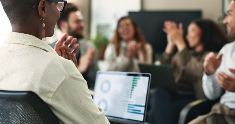 Business, team and laptop with applause in meeting for profit growth, financial success or company revenue. Finance seminar, statistics screen and diversity people in office with celebration of sales
