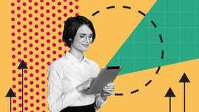 Motion collage video of happy businesswoman hold ereader surf arrow development progress statistics  - Powered by Shutterstock - Get 15% off with code: PIKWIZARD15