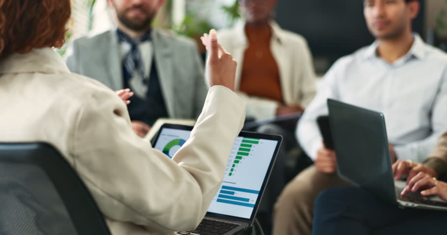 Business people, team and laptop screen in seminar with data analysis for asset management and investment banking. Finance internship, employees and mentor in workshop with notes on capital markets