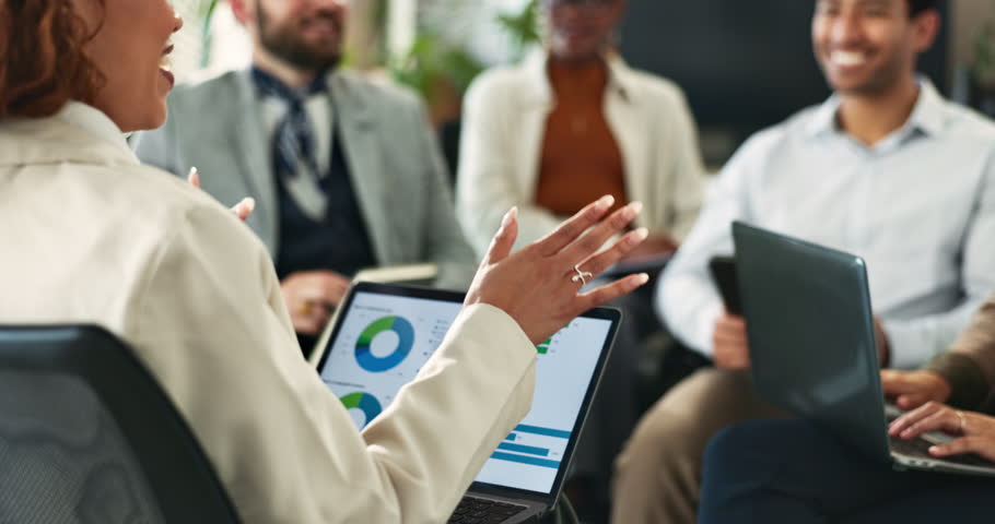 Business people, team and laptop screen in seminar with data analysis for asset management and investment banking. Finance internship, employees and mentor in workshop with notes on capital markets