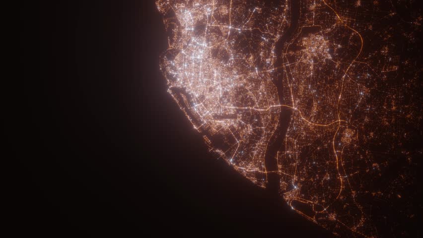 Kaohsiung (Taiwan) aerial view at night. Satellite view on modern city with street lights. Camera is flying above the city, moving forward