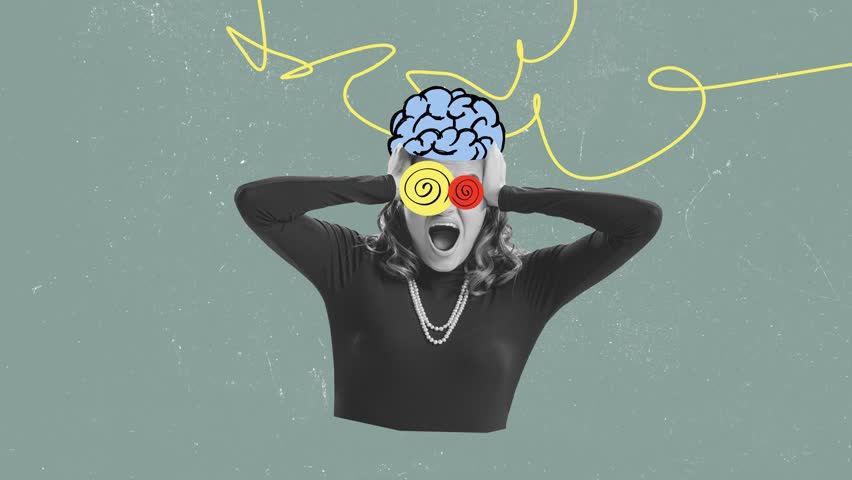 Conceptual design with young woman holding head, stress, symbolizing mental overload. Overwhelming. Stop motion, animation. Concept of psychology, surrealism, deadlines, burn out. Retro style