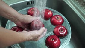 Close-up of asian woman's hands washing red apples in kitchen sink at morning. Cleaning to get rid of dirt, virus or bacteria for safety, under a running faucet. Food preparation.  - Powered by Shutterstock - Get 15% off with code: PIKWIZARD15