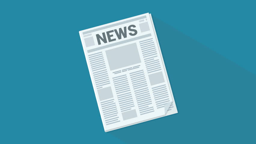 Animation of a newspaper with the title "News" appearing from the background rotating to center in flat design style on a blue background with long shadow