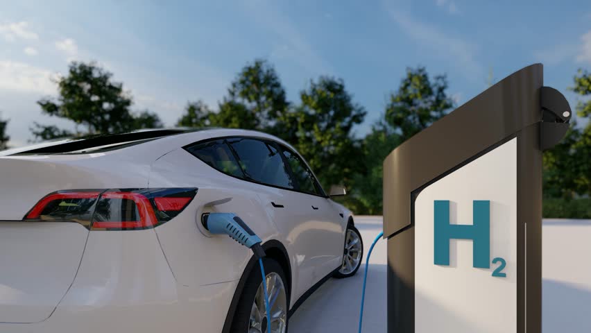 Close-up of a hydrogen car charging socket and a hydrogen charging station. car charging, hydrogen cars, transport of the future, eco-friendly transport.