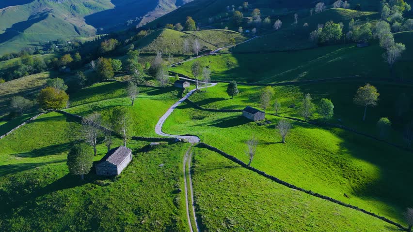 Summer landscape of hay meadows and cabins in the Miera River Valley. Aerial view from a drone. Pasiegos Valleys. Cantabria. Spain. Europe