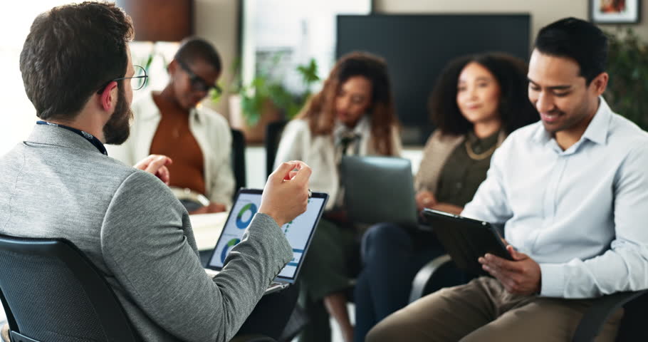 Business people, team and laptop screen in meeting with data analysis for asset management and investment banking. Finance internship, employees and mentor in workshop with notes on capital markets