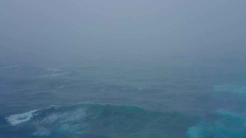 Tokyo, Japan, 4k, Panoramic view of the Pacific Ocean, with fog, with big waves, during a typhoon