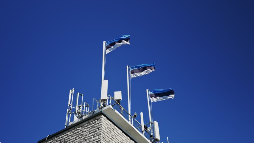 Three Estonian flags flutter in the wind.