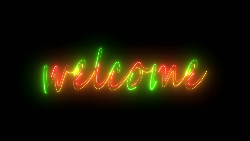 Glowing neon sign welcome on black background. Welcome neon light calligraphic banner. Neon welcome signboard.