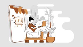 Girl lies with gadgets trades in online store. Item in stock, retail store, shopping list. User account. Worldwide delivery. E-commerce business. 3d animation. Faceless.  - Powered by Shutterstock - Get 15% off with code: PIKWIZARD15